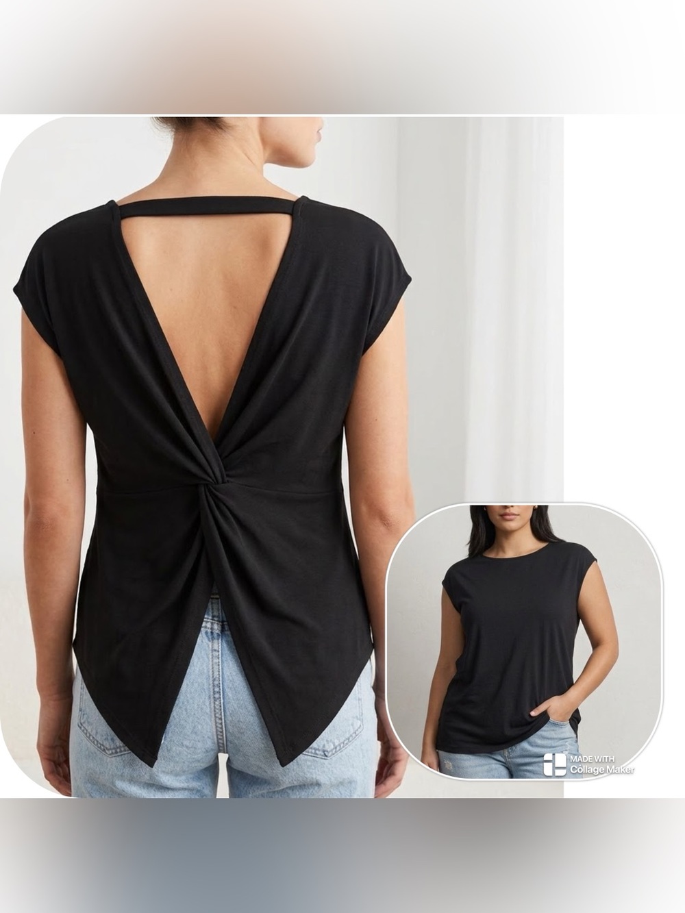 Black Round Neck Twist Back Short Sleeve Top Cutout Detail Womens Size Large